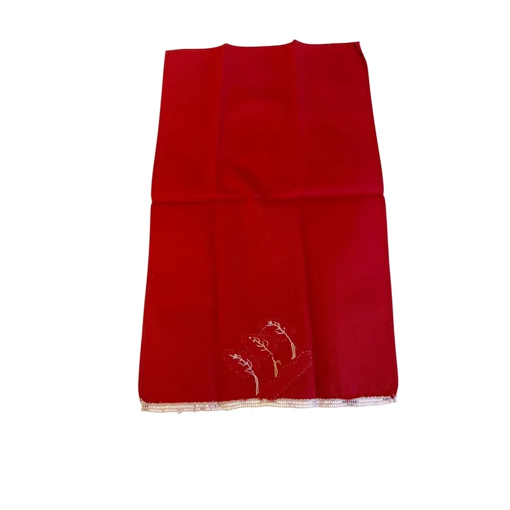 Cocktail Napkins Red Vintage Embroidered Leaf Lace Trim Set of 4 MCM
